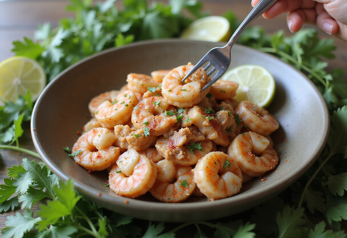 Mixing tuna or spicy shrimp with spices for the arroz crujiente recipe.