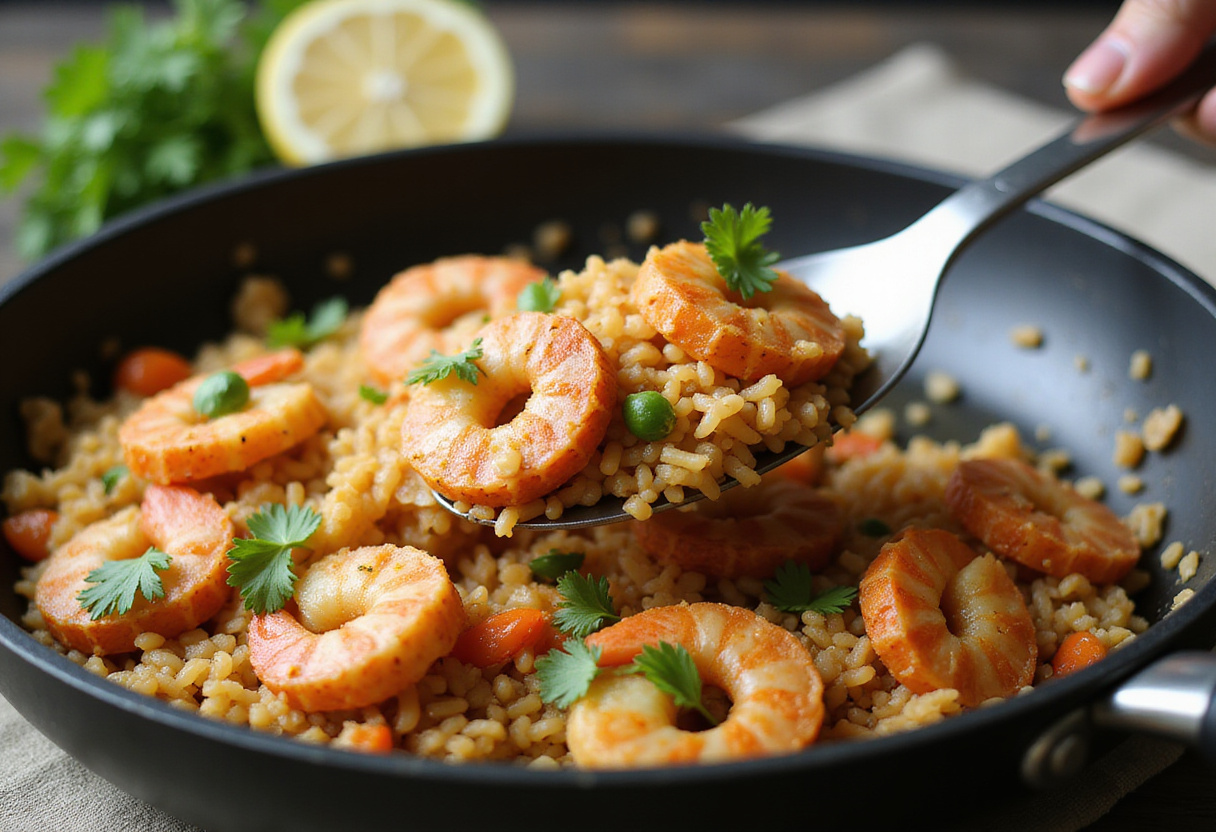 Lifting portions of arroz crujiente with atún or gambas picantes from the frying pan.