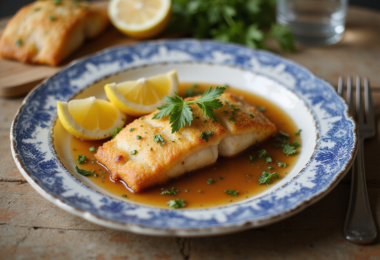 Bacalao rebozado en freidora de aire dorado y crujiente, servido con hierbas frescas y rodajas de limĂłn.