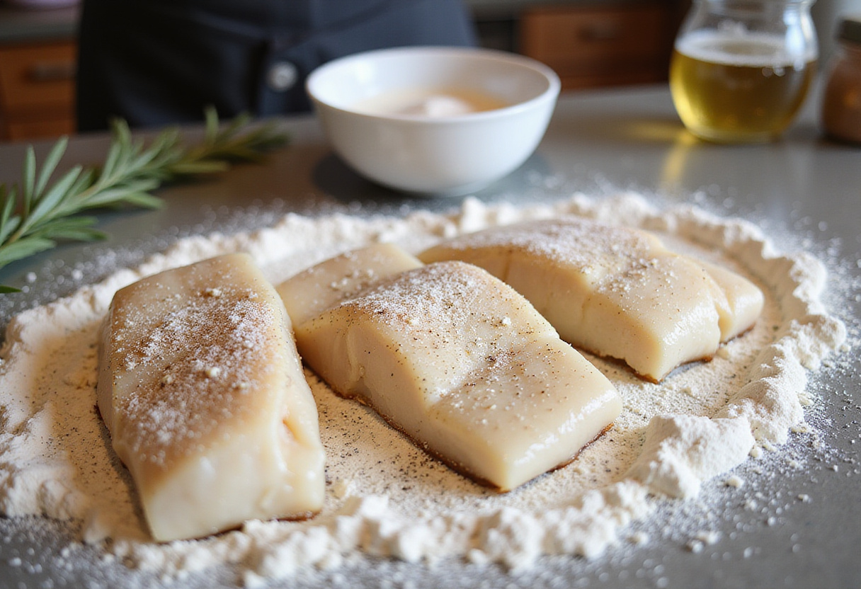 Bacalao rebozado en freidora de aire, filetes de bacalao marinados cubiertos con harina sazonada.