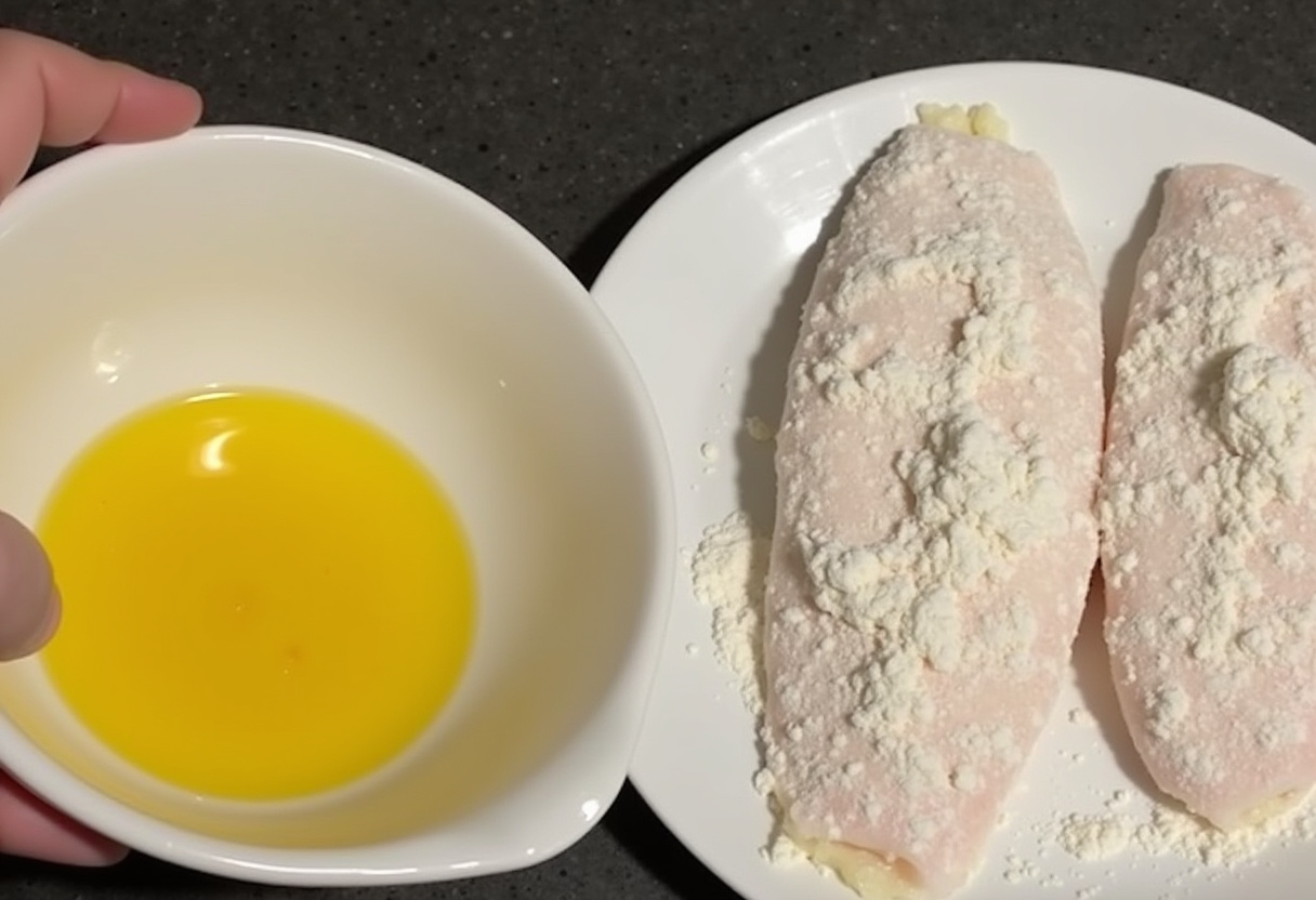 Huevos batidos listos para empanizar bacalao rebozado en freidora de aire.