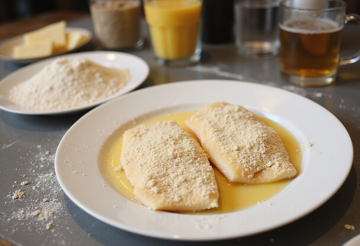 Pan de miga listo para empanizar bacalao rebozado en freidora de aire.