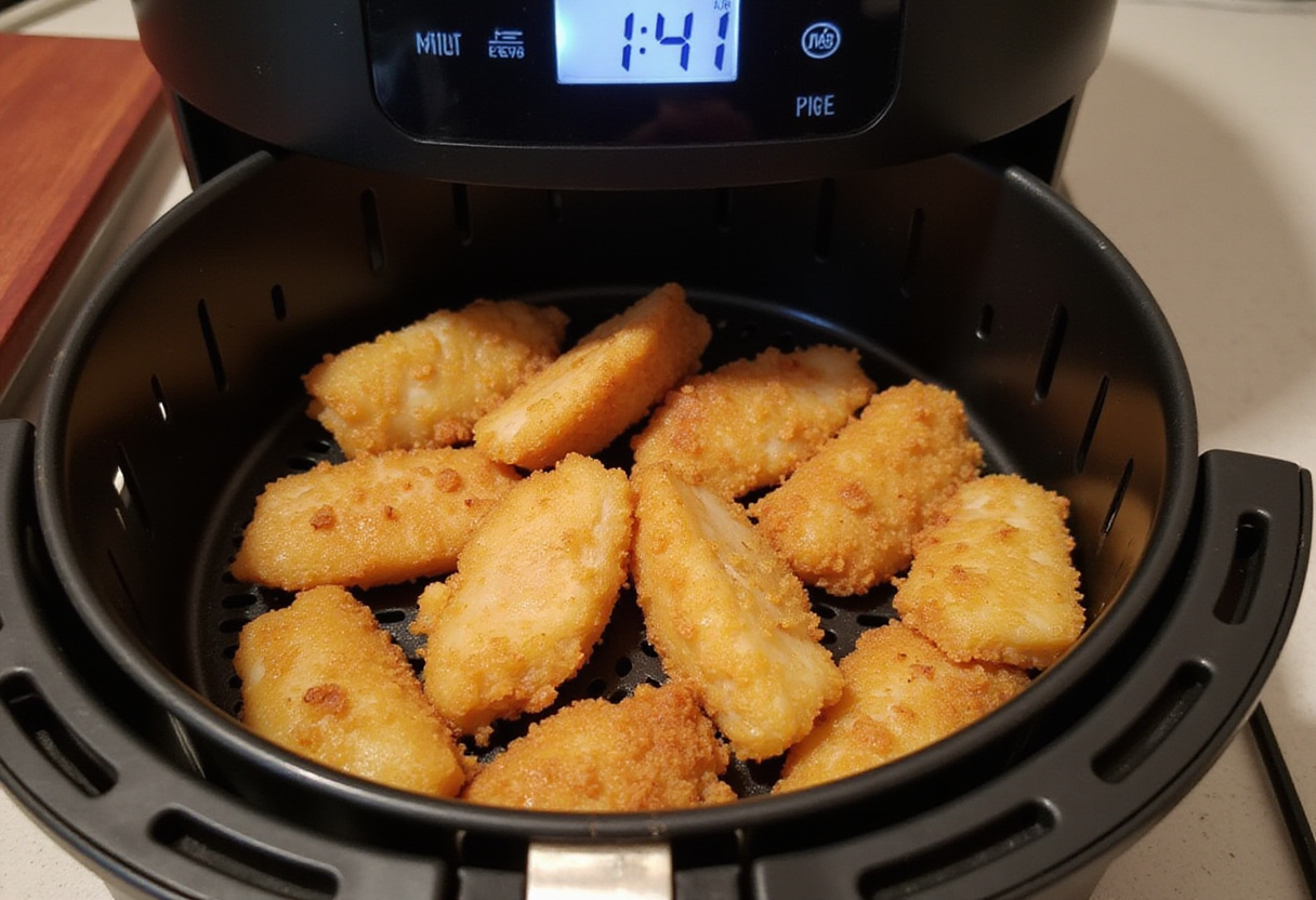 Filetes de bacalao rebozado listos para cocinar en la freidora de aire.