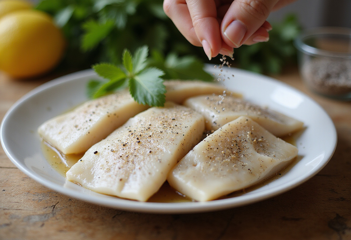 Bacalao al horno siendo sazonado con sal y pimienta para una deliciosa receta de bacalao.