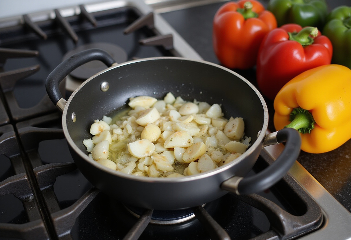 Preparación del refrito de gambas con ajos y cebolla para bacalao con gambas.