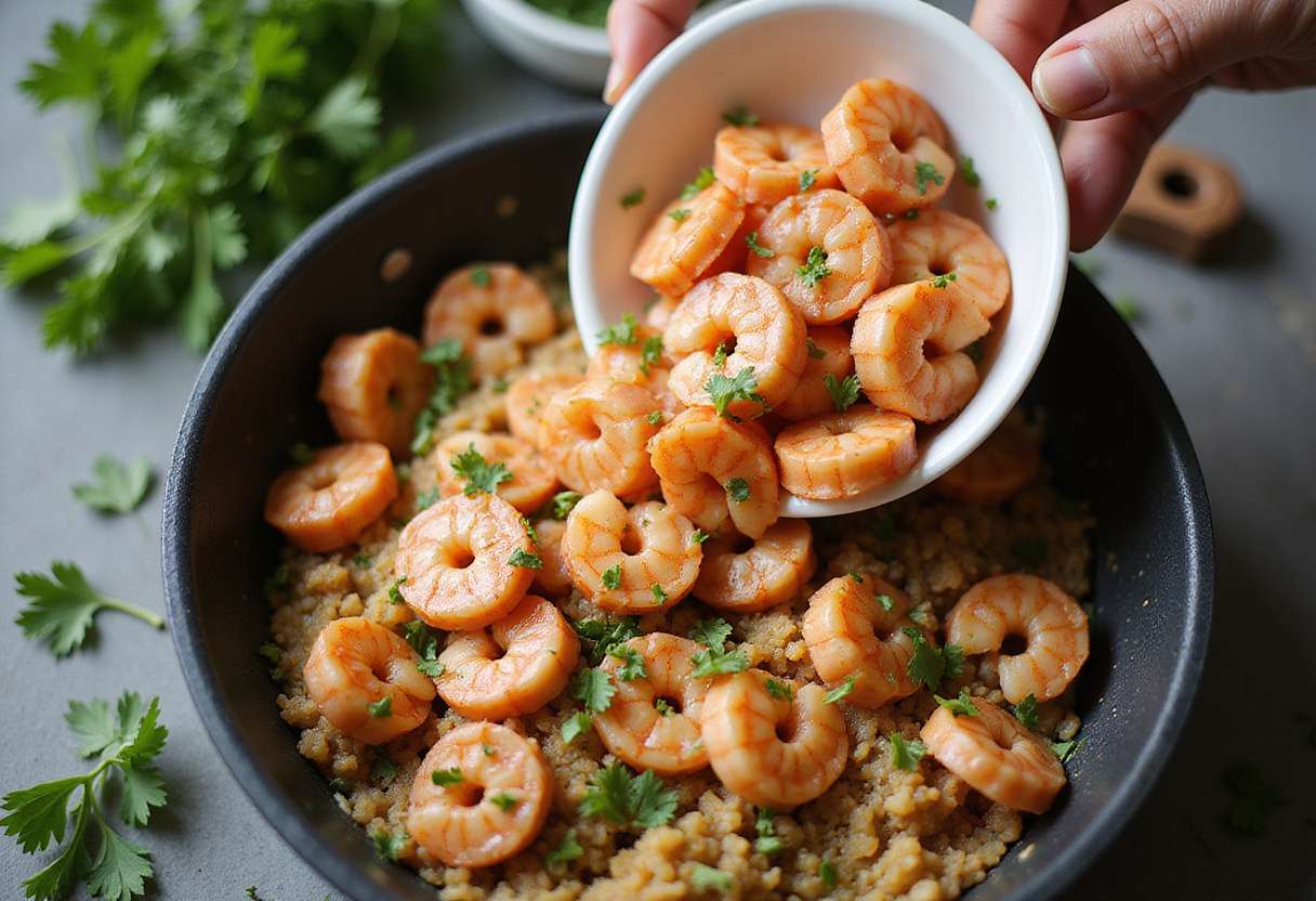 Gambas siendo combinadas con la mezcla salteada para la preparación del bacalao al horno.