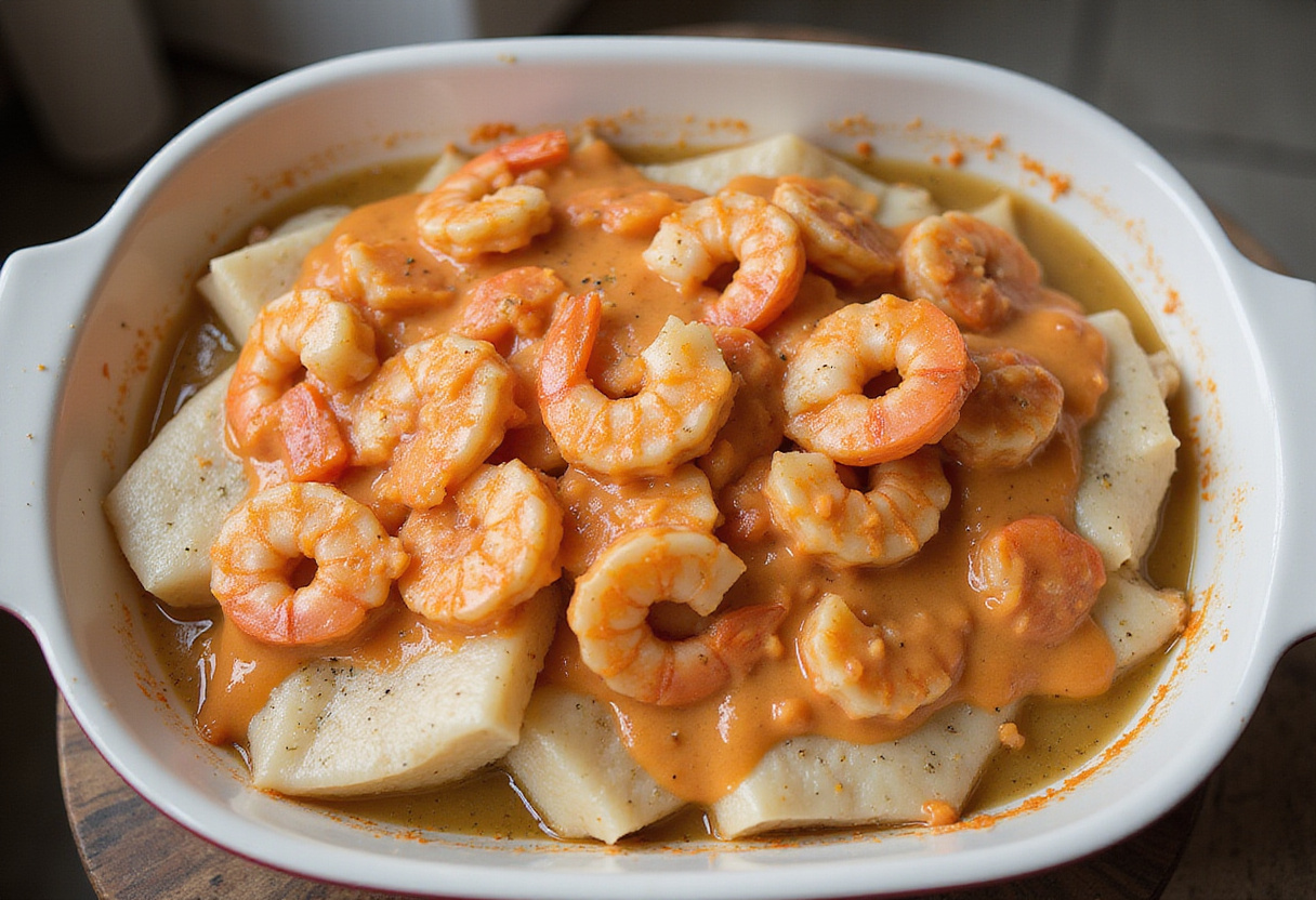 Bacalao a la plancha listo para ser horneado con cobertura de gambas en una fuente para horno.
