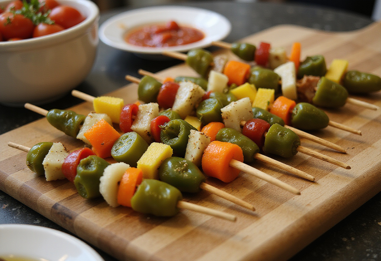 Banderillas Picantes preparadas con vegetales en escabeche y jalapeños para un aperitivo picante.