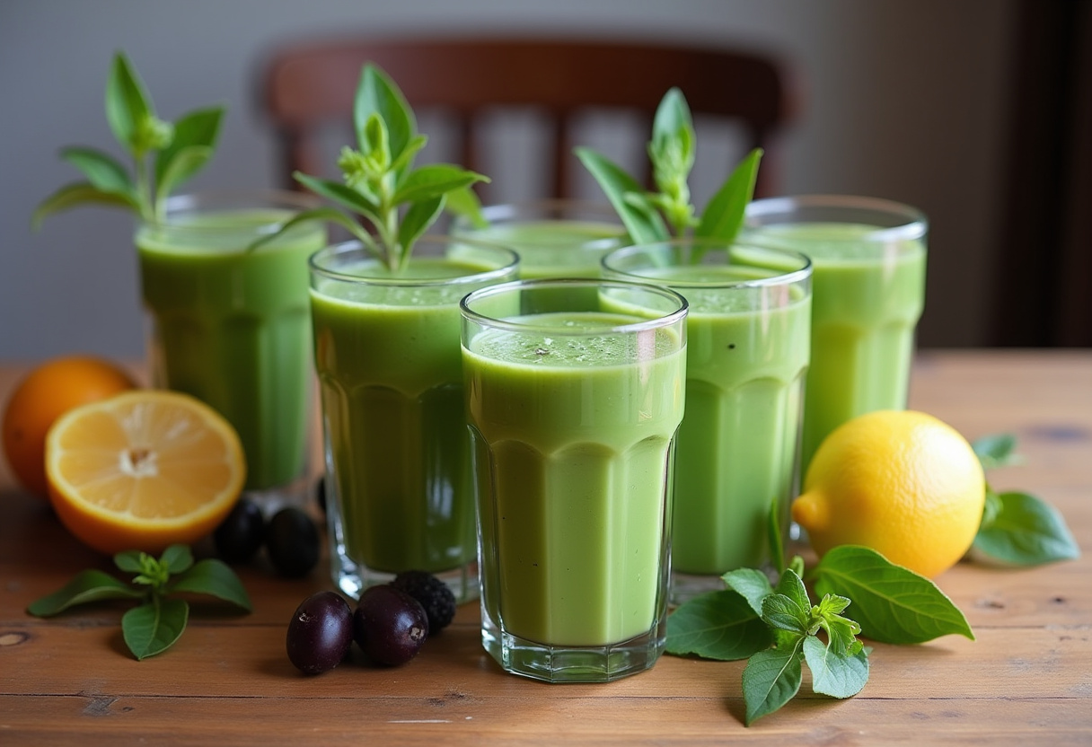 Variedad de batidos verdes detox servidos en vasos, mostrando su frescura y salud.