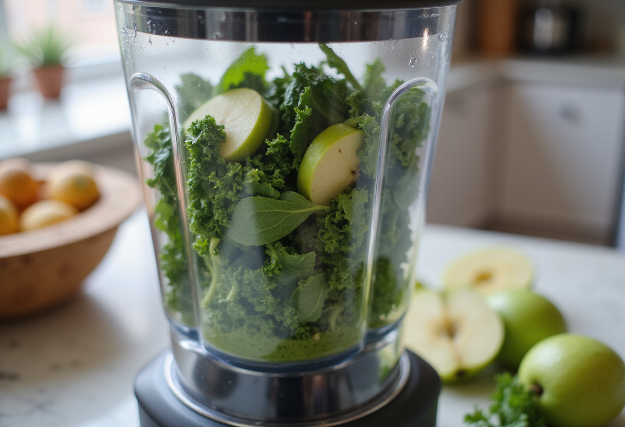 Ingredientes para batido verde detox en una licuadora, incluyendo espinacas y manzanas verdes.