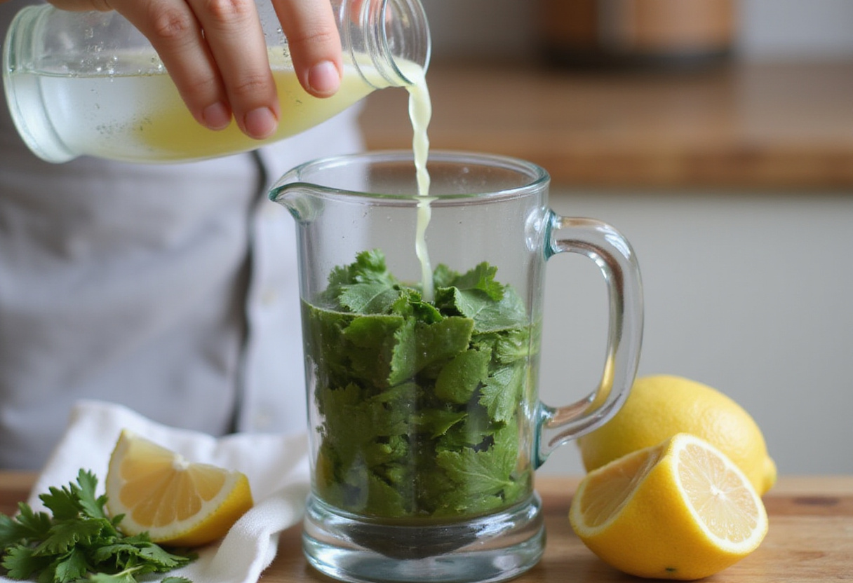 Agua y limón siendo añadidos al batido verde detox para potenciar su frescura.