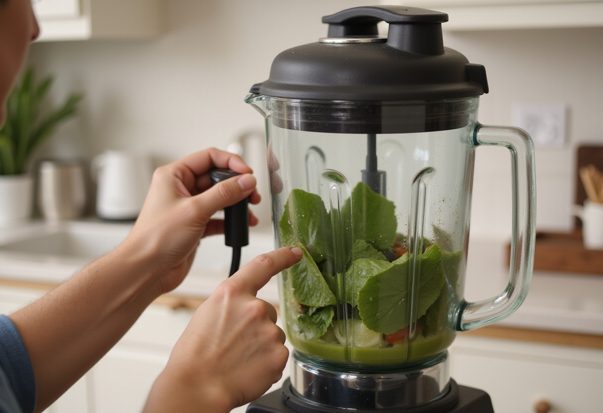 Mezclando los ingredientes del batido verde detox en una licuadora para una bebida saludable.