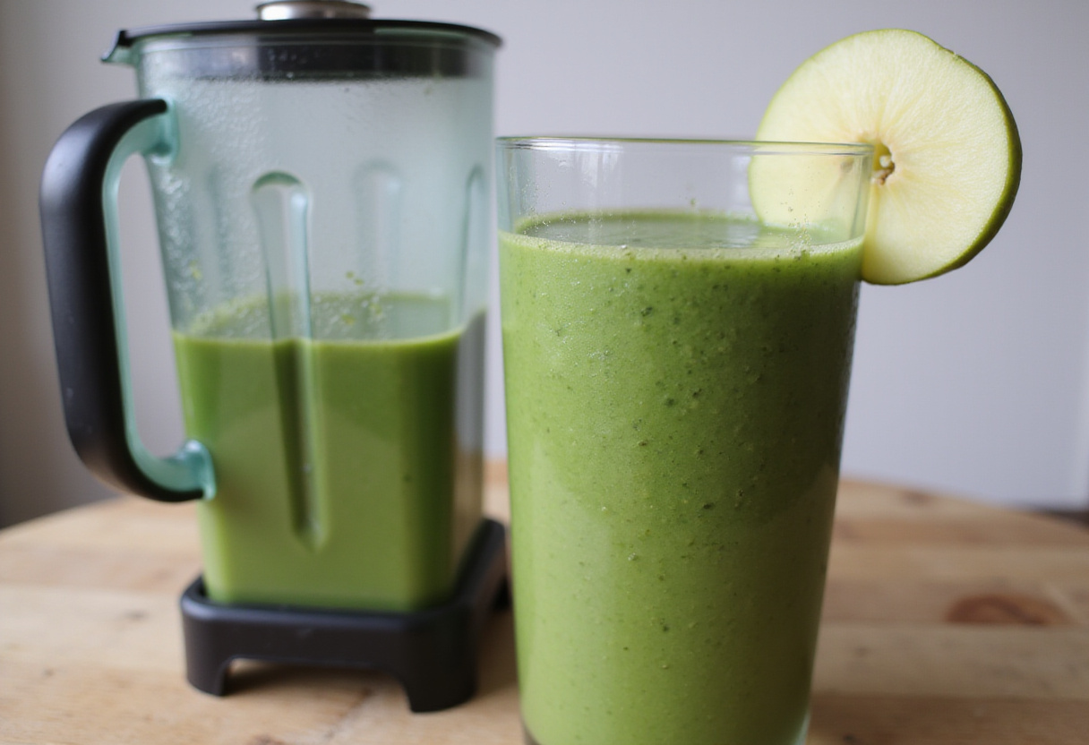 Vaso con batido verde detox recién hecho, mostrando su color vibrante y saludable.