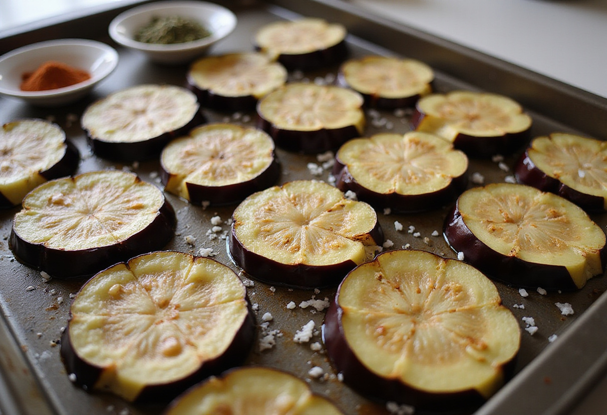Sliced eggplants ready for berenjenas al horno receta con hierbas y especias.