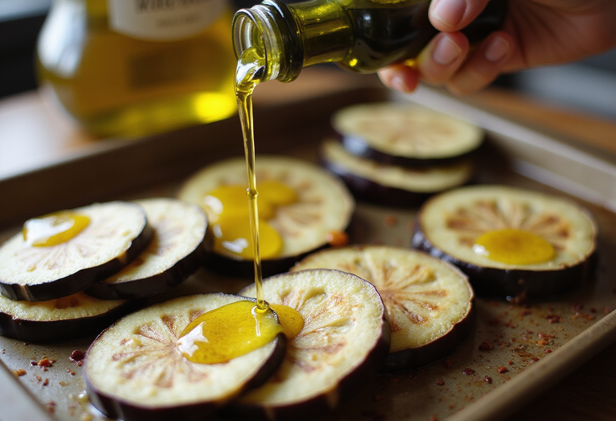 Olive oil being drizzled over eggplants for berenjenas gratinadas preparation.