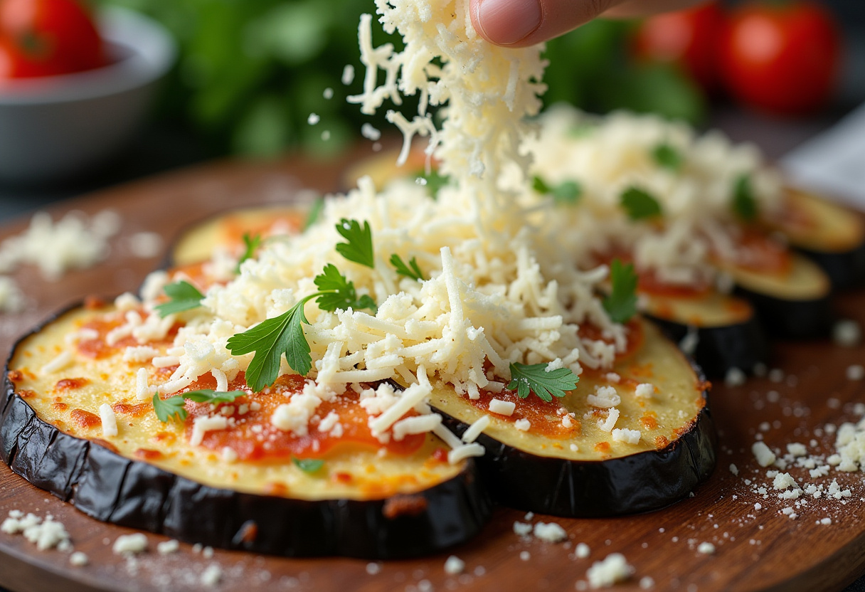 Grated cheese being added to eggplants for berenjenas al horno con queso.