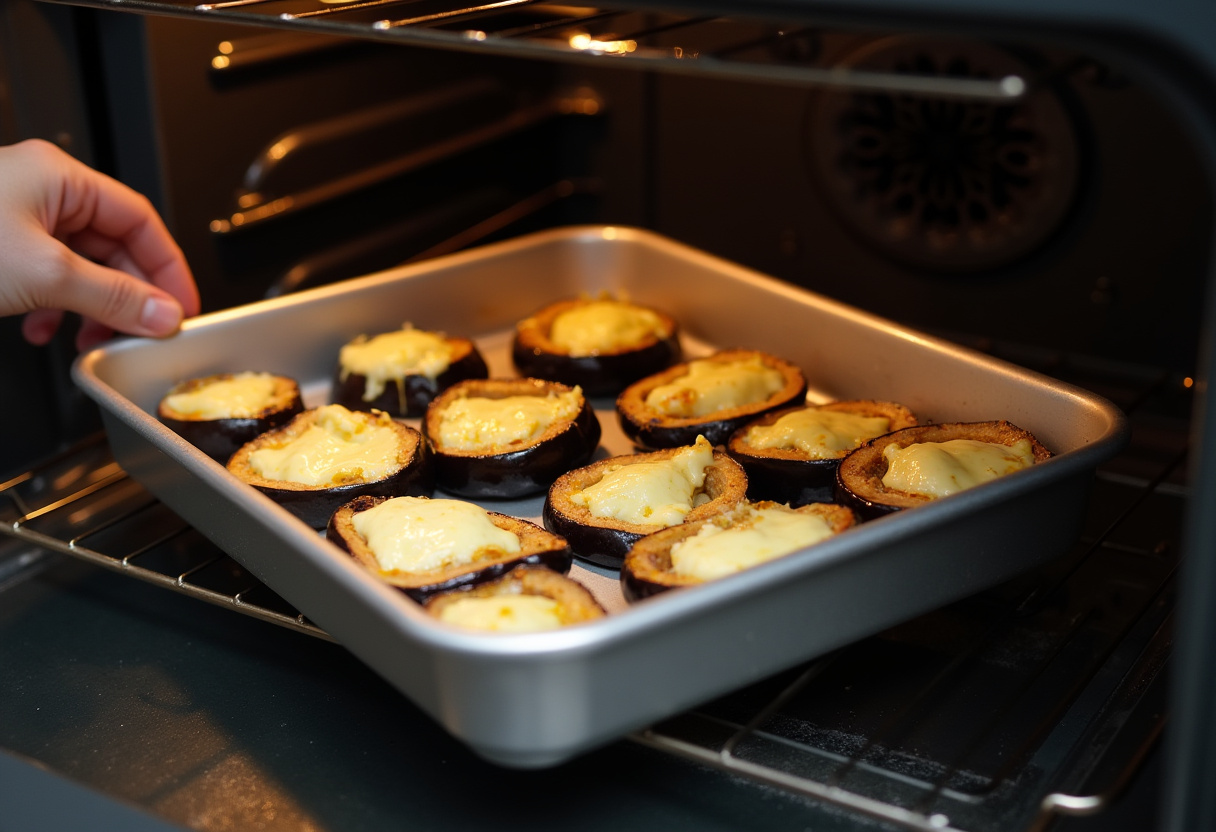 Baking tray of berenjenas al horno con queso being placed in the oven for cooking.