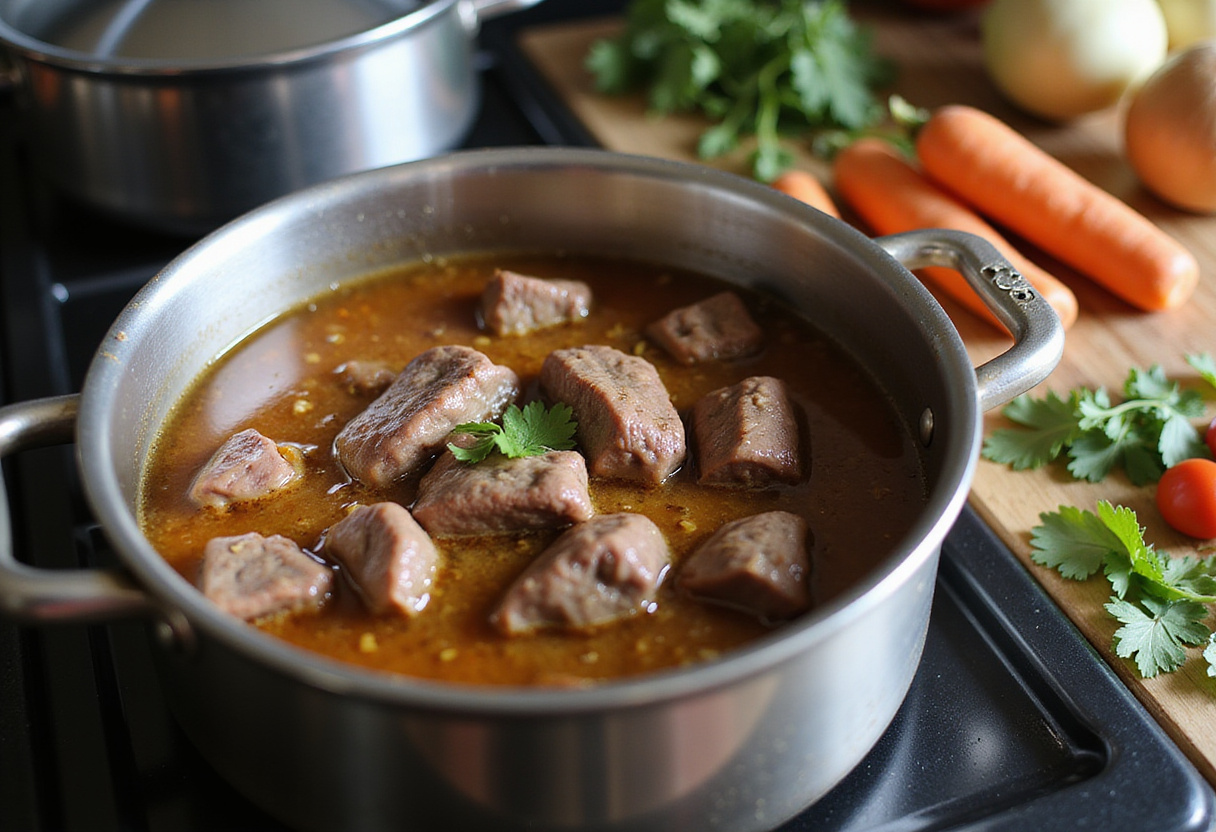 Simmering beef in a pot for receta de blanquette de ternera preparation.