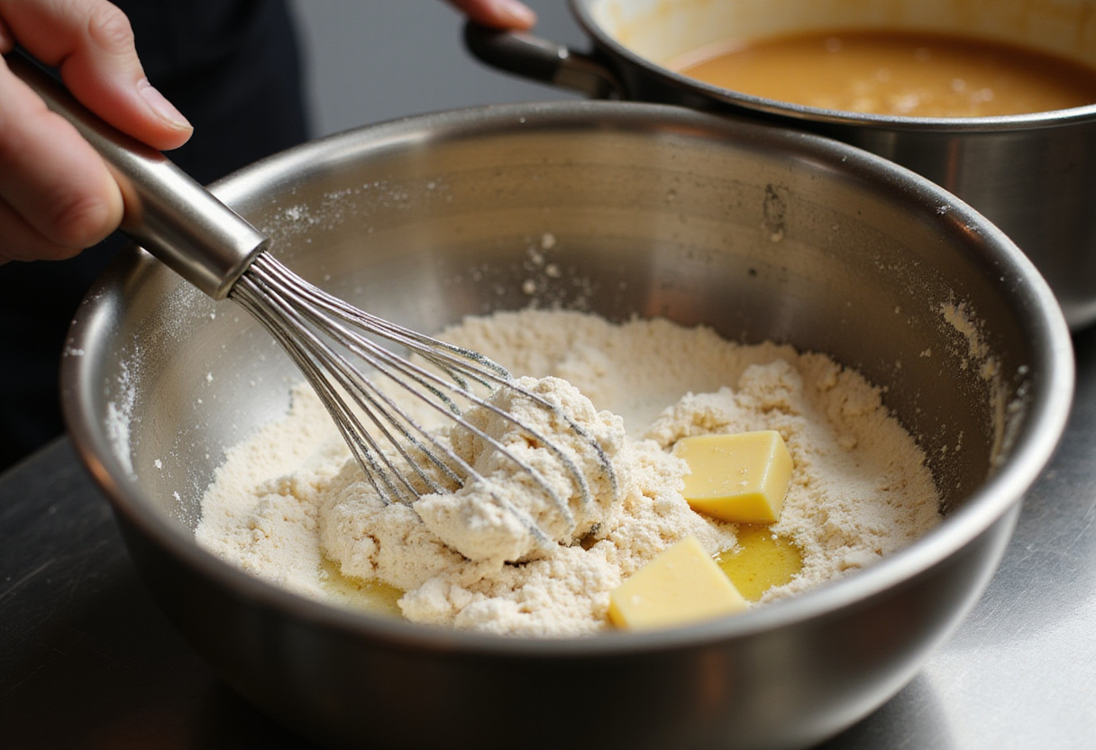 Making a roux with flour and butter for blanquette recipe.