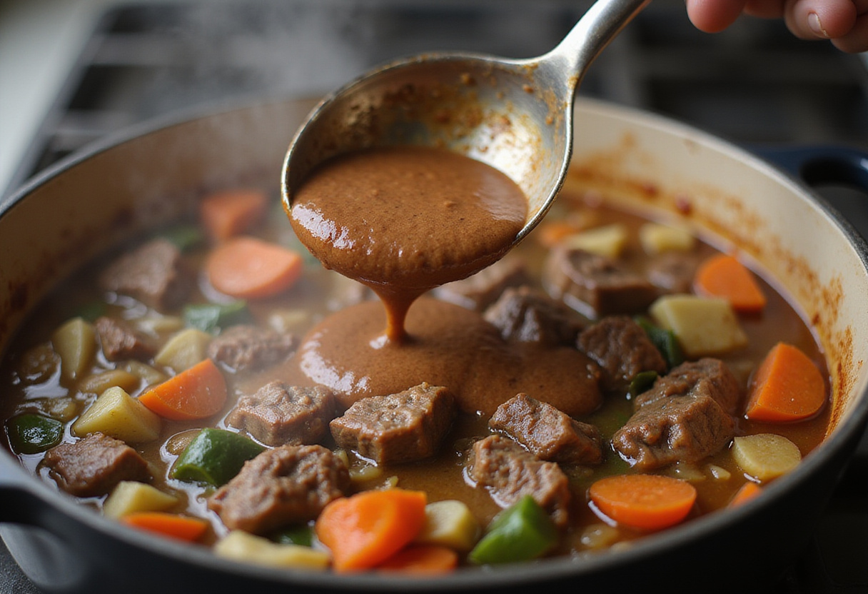 Incorporating roux into beef and vegetable mixture for blanquette de ternera.
