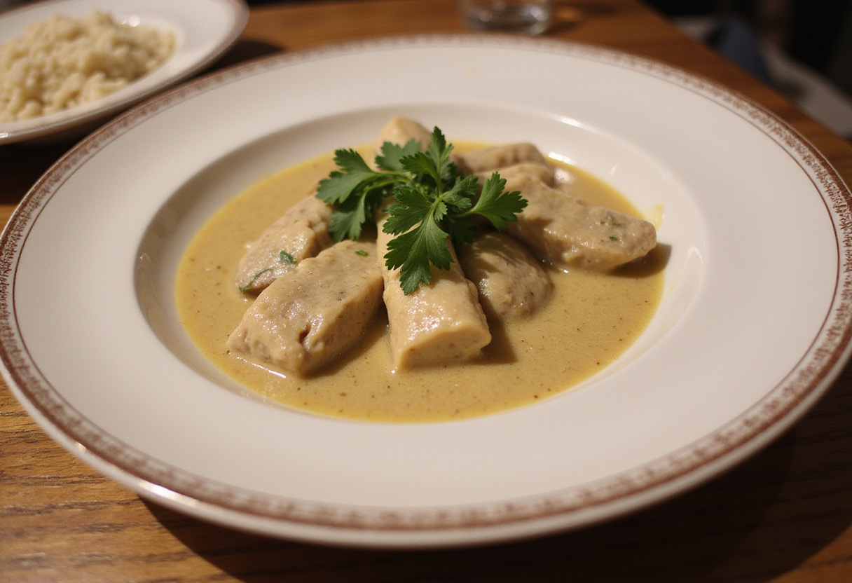 Plating blanquette de ternera with rice for a delicious French recipe meal.