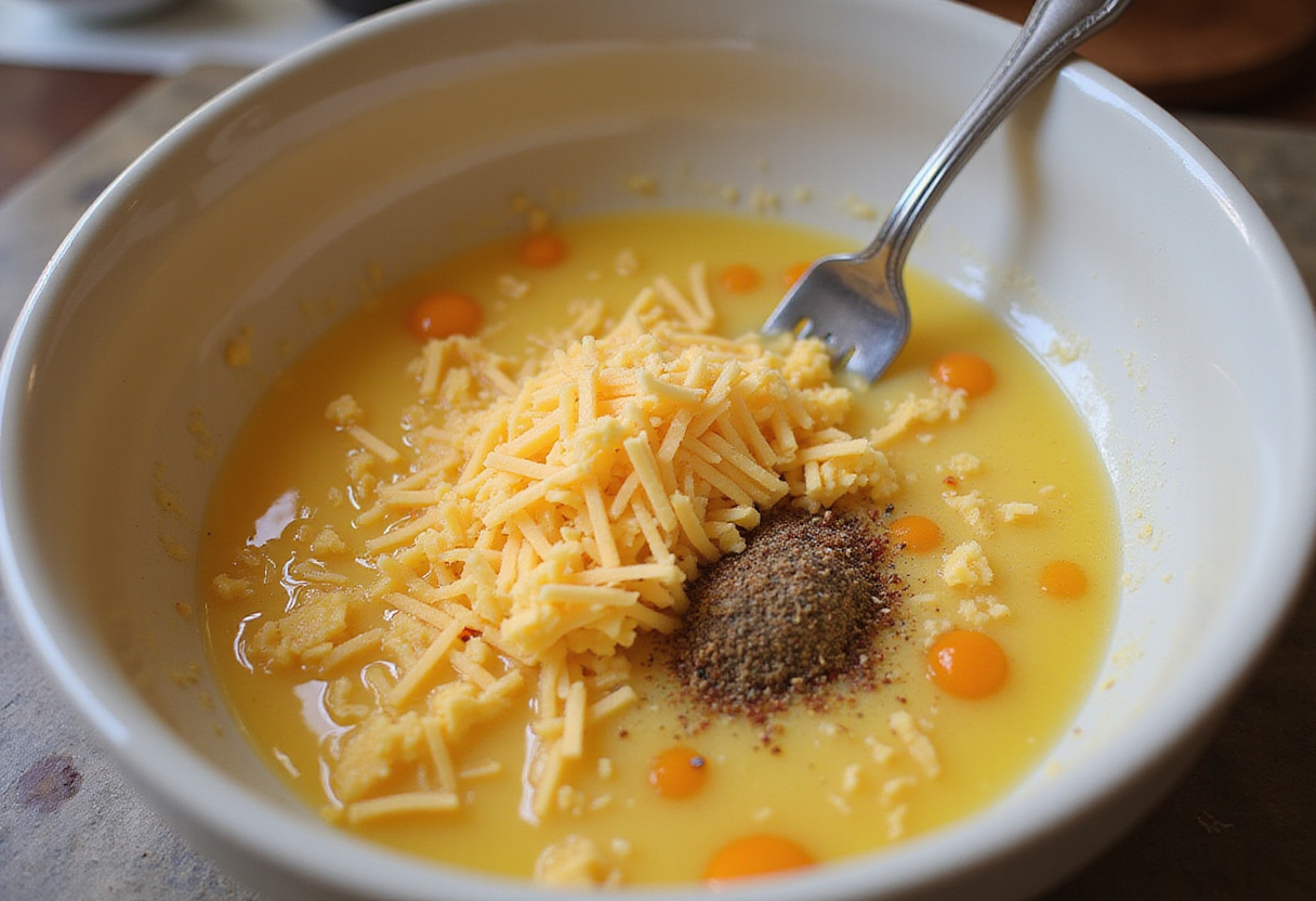 Bowl of requesón cheese and eggs being mixed for bocaditos de huevo preparation.