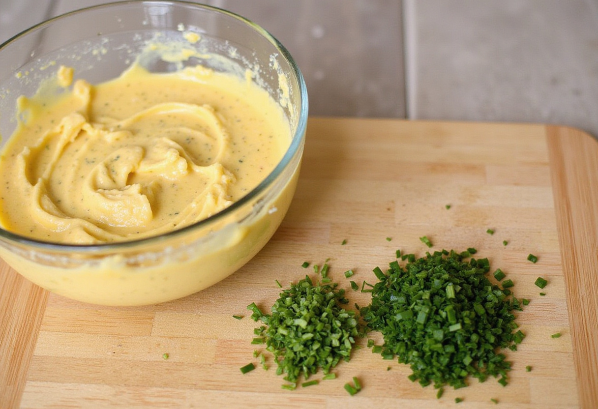 Chopped herbs prepared to enhance the bocaditos de huevo recipe.