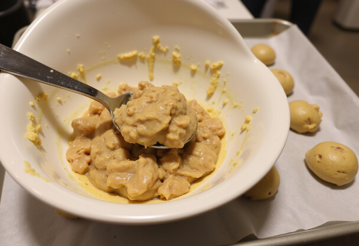 Spoonful of bocaditos de huevo mixture being shaped for baking on a sheet.