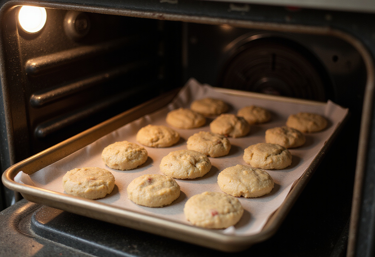 Baking sheet with bocaditos de huevo mixture being placed in the oven for baking.
