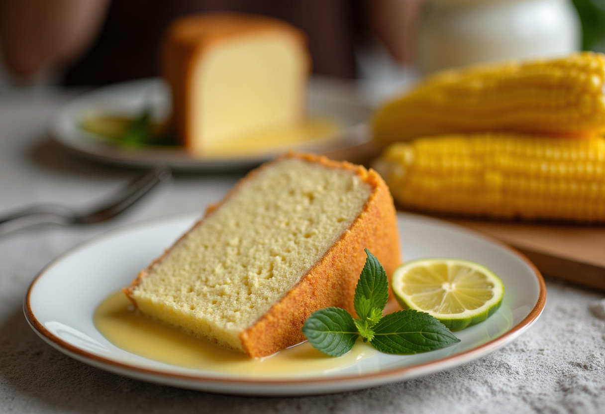 Deliciosa rebanada de bolo de milho cremoso servida con maíz fresco, perfecto para postre.