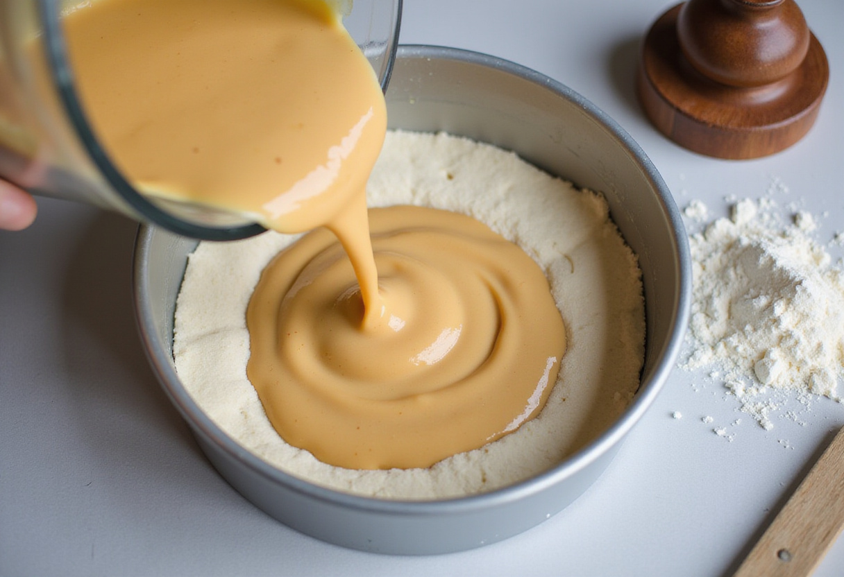 Vertiendo la mezcla licuada en un molde para pastel para un delicioso bolo de milho cremoso.