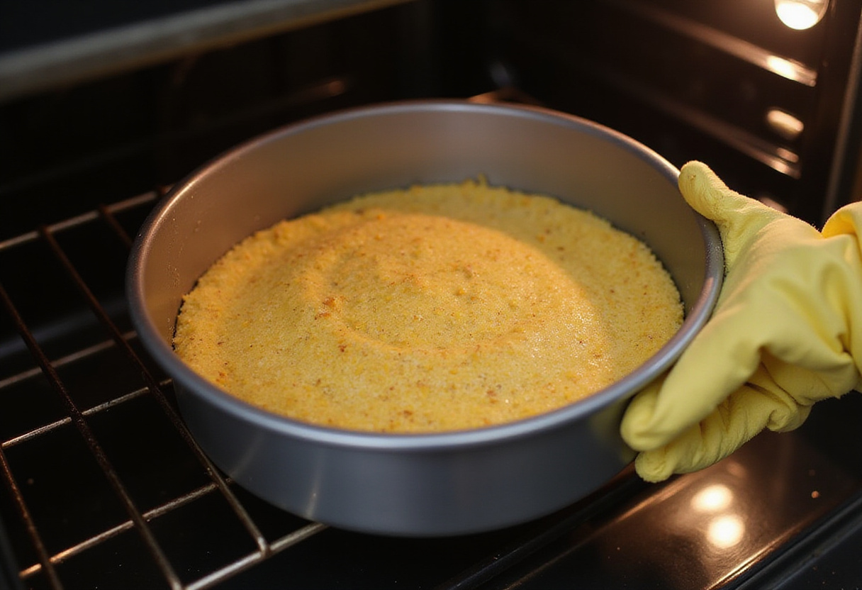 Colocando el molde para pastel con la mezcla de bolo de milho cremoso en el horno para hornear.