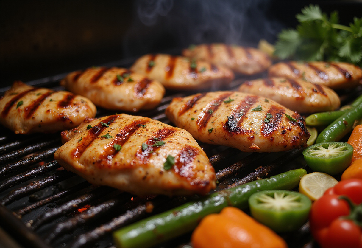 Pollo a la plancha en la parrilla, cocinando para el bowl de coliflor saludable.