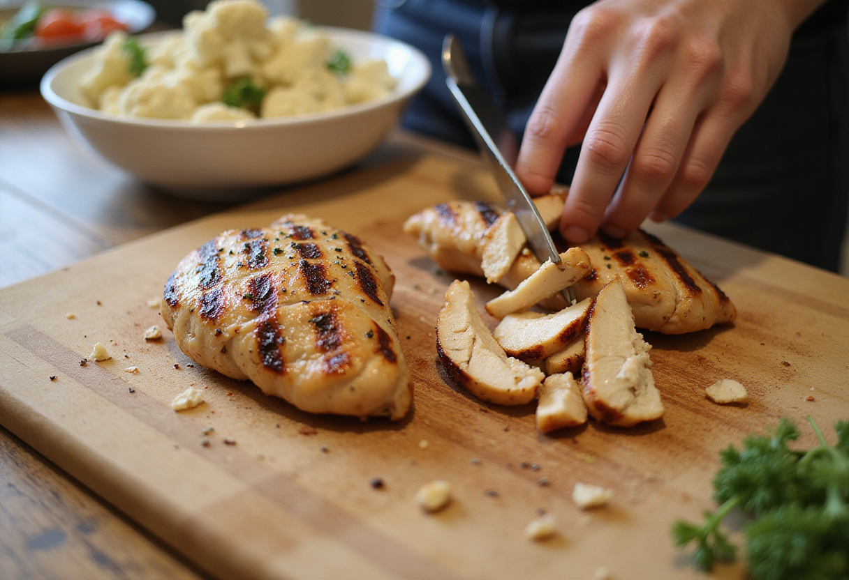 Pollo a la plancha cortado en tiras, listo para el bowl de coliflor nutritivo.