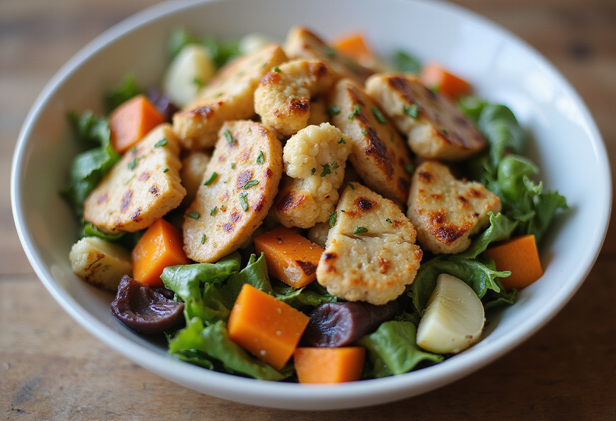 Bowl de coliflor con pollo a la plancha y verduras, un platillo ligero y delicioso.