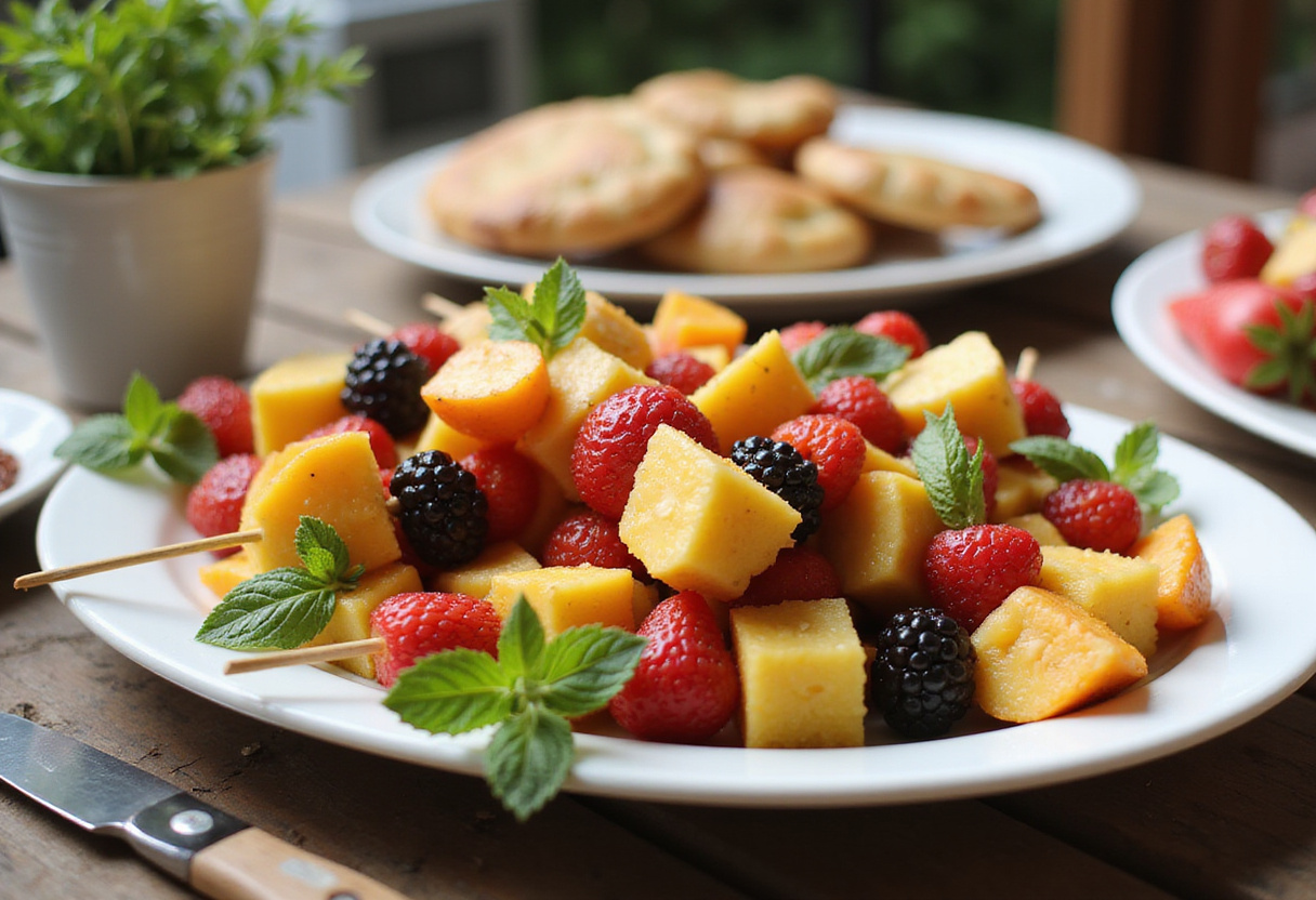 Hermosas brochetas de frutas listas para servir en una mesa de patio soleada.