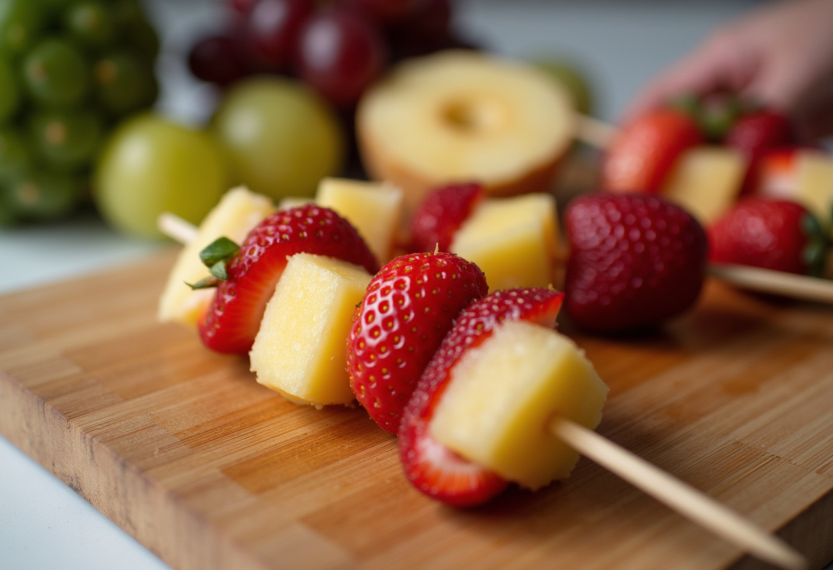 Preparando brochetas de frutas con frutas frescas en una tabla de cortar.