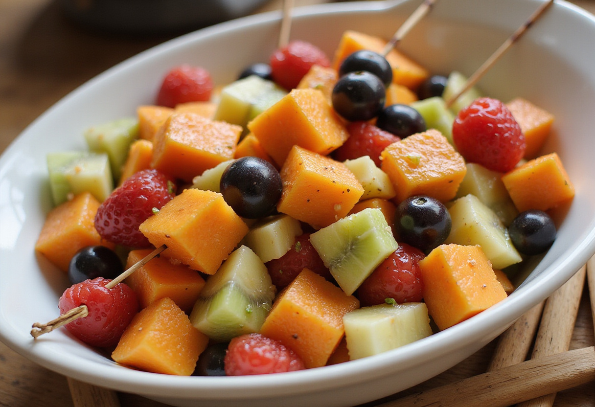 Ensalada de frutas colorida lista para armar brochetas de frutas frescas.