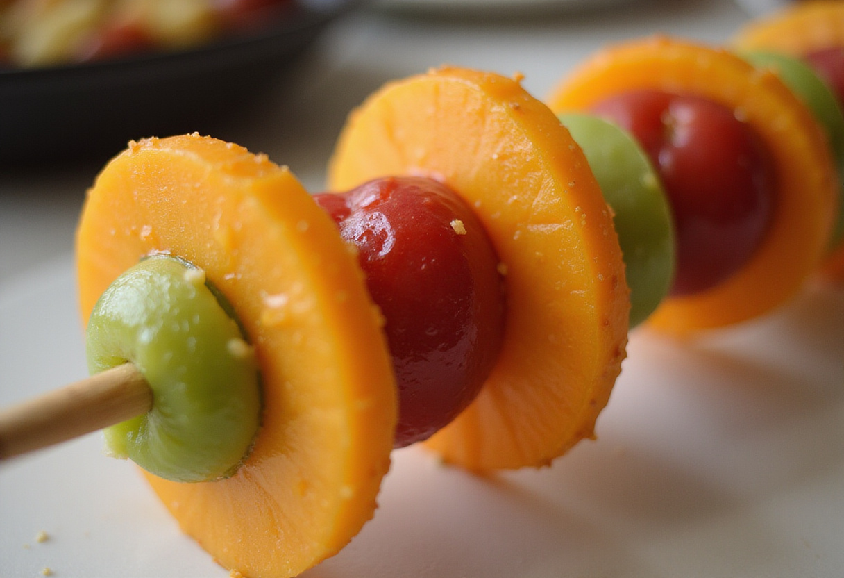 Threading frutas frescas en brochetas para una presentación atractiva de brochetas de frutas.