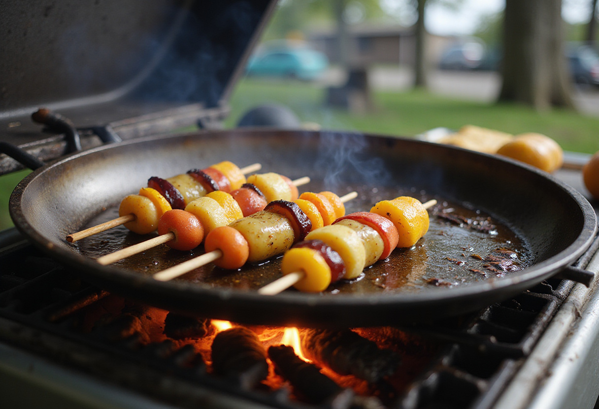 Colocando brochetas de frutas en la parrilla para cocinarlas y realzar su sabor.