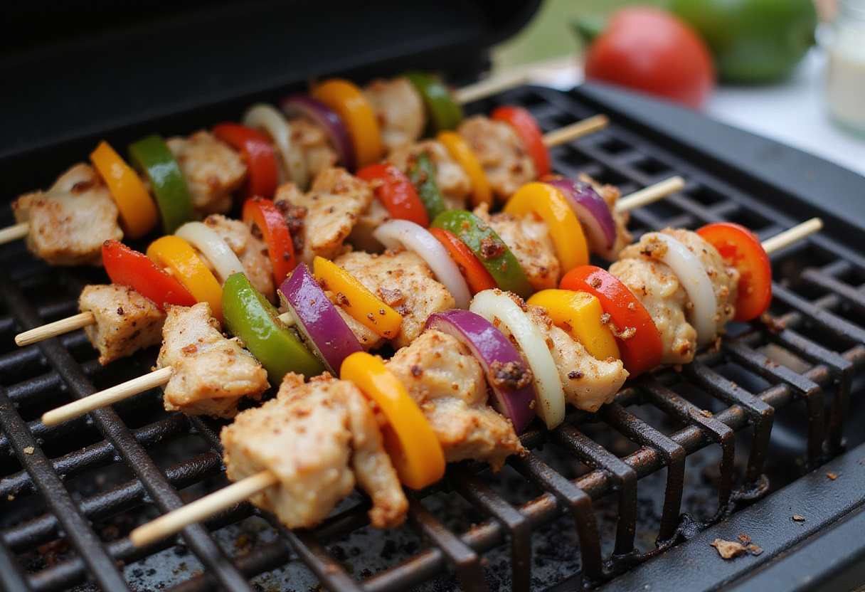 Brochetas de pollo fácil siendo preparadas con pollo y verduras saludables.