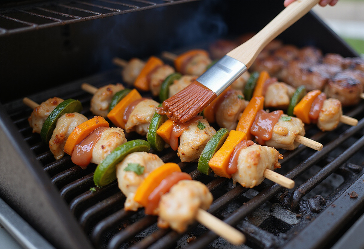 Brochetas al grill siendo untadas con marinada para realzar el sabor.