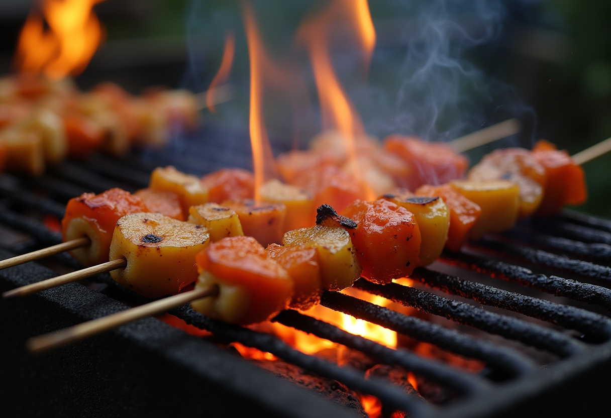 Brochetas de pollo marinadas cocinándose a la parrilla, listas para servir.