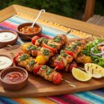 Plato de brochetas de pollo y pimientos grillados en una mesa al aire libre, ideal para disfrutar al aire libre.