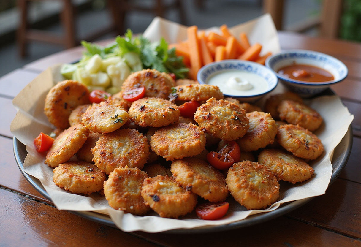 Plato de brochetas de pollo y pimientos grillados en una mesa al aire libre, ideal para disfrutar al aire libre.