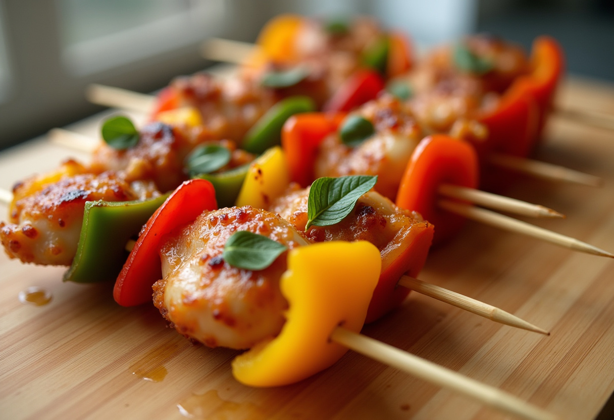 Preparación de brochetas de pollo y pimientos en un tablero de madera.