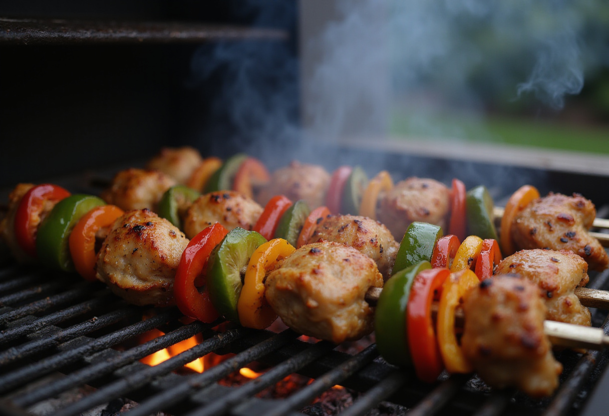 Brochetas de pollo y pimientos grillados en la parrilla listas para cocinar.