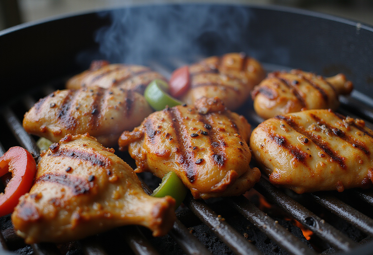 Brochetas de pollo y pimientos cocinándose a la parrilla, mostrando marcas de la parrilla.