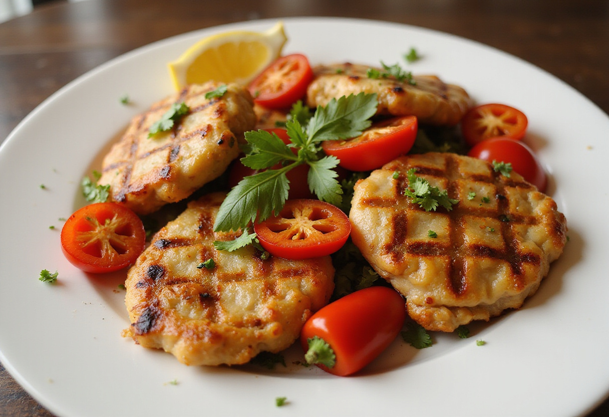 Brochetas de pollo y pimientos grillados en un plato, decoradas con hierbas frescas y rodajas de limón.