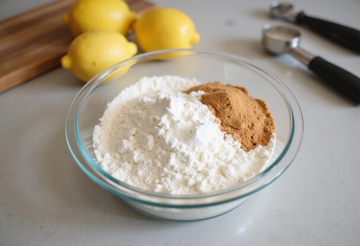 Midiendo los ingredientes para receta budín de limón, incluyendo harina y limones frescos.
